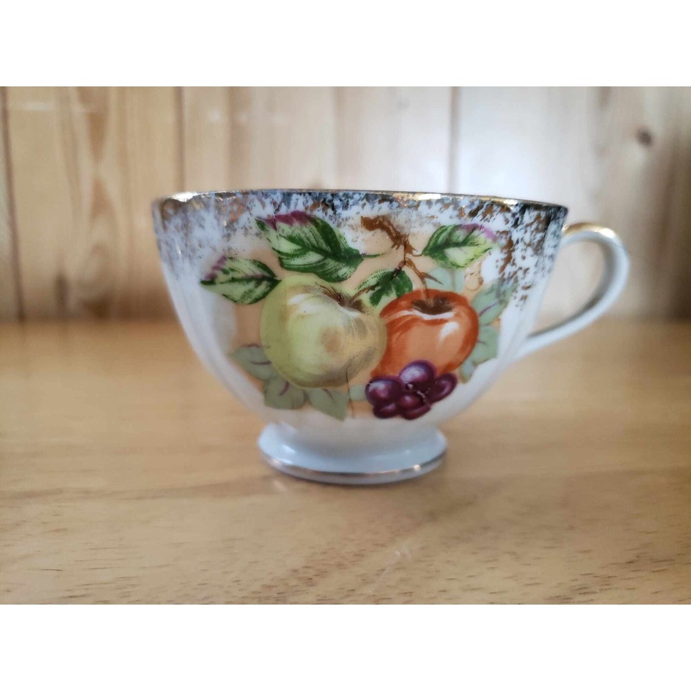 Vintage Enesco Japan Fruit Motif Tea Cup‎ + Pierced Saucer Set – Gold Trim - Picture 5 of 10